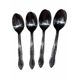 Utica Stainless China Teaspoons Set of 4 Floral Scroll Pattern Flatware Silver
